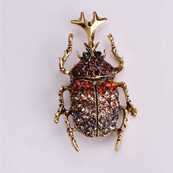 Vintage Inspired Beetle Brooch, Rhinestone Accent, Gold Tone, Statement … - Picture 2 of 6